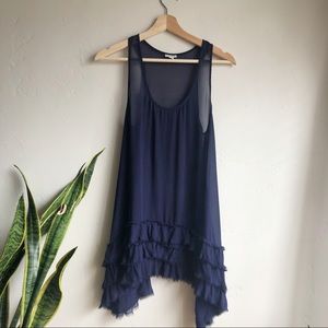 Anthropologie Odille Navy Sheer Long Ruffle Tunic